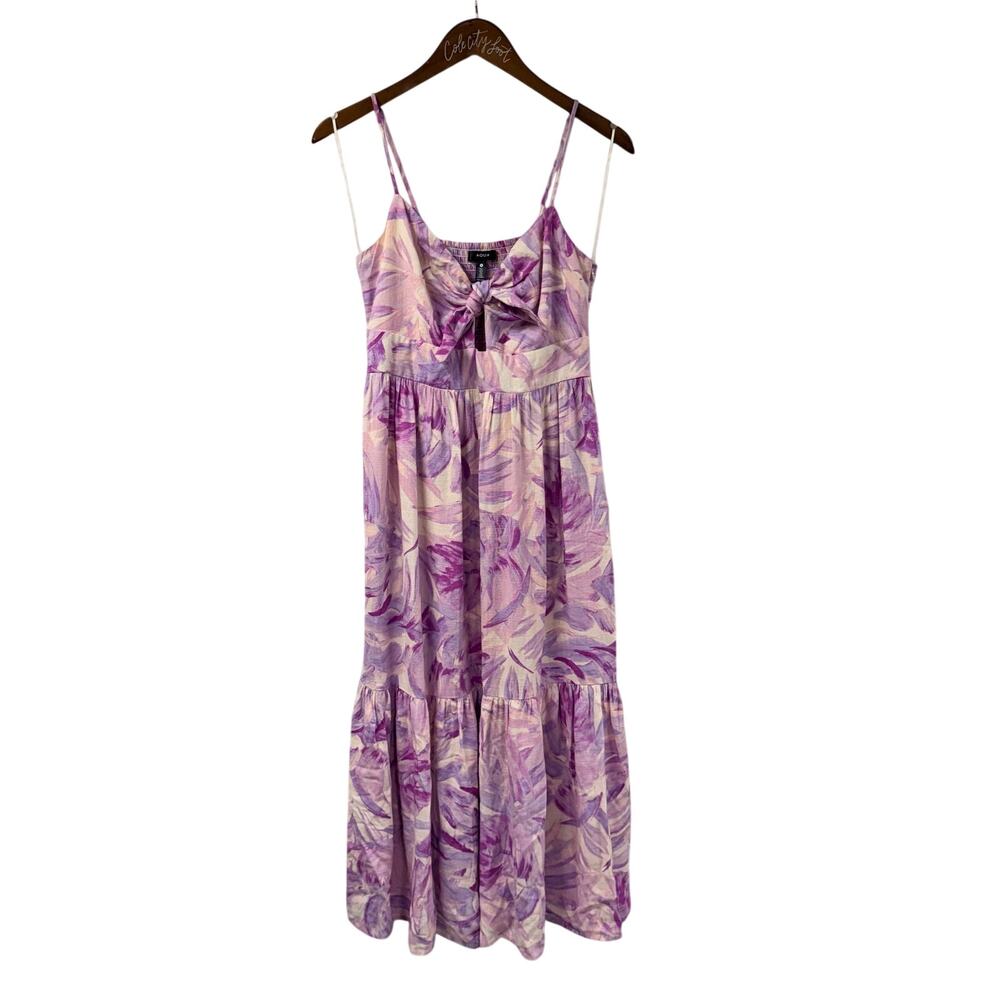 Aqua Purple Sundress Floral Midi Medium Strappy Tie Front